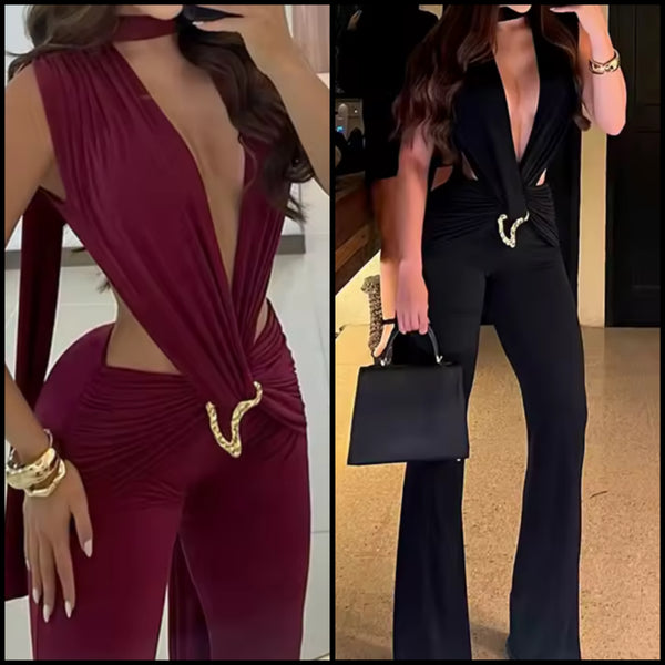 Women Choker Sleeveless Sexy Cut Out Metal Jumpsuit
