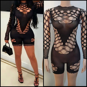 Women Sexy Black Hollow Out Full Sleeve Romper