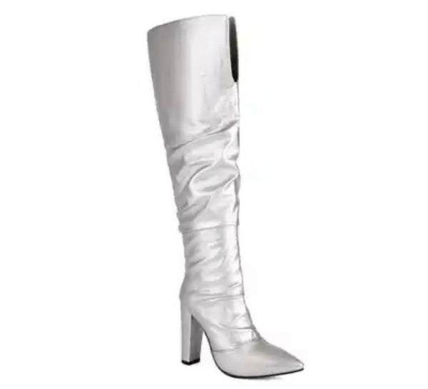 Women Pointed Toe Solid Color Fashion PU Knee High Boots