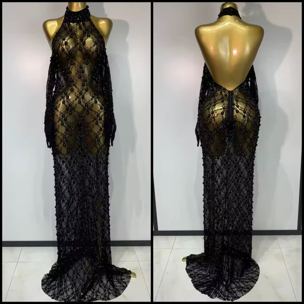 Women Black Sexy Beaded Halter Open Back Maxi Dress