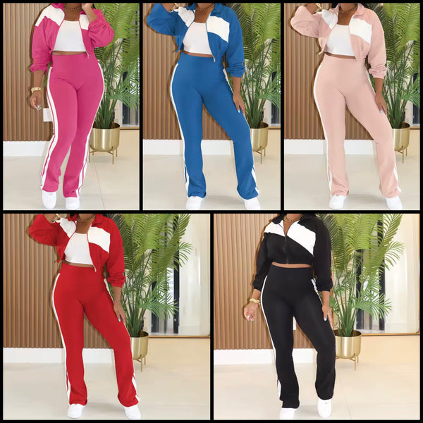 Women Color Patchwork Zip Up Tracksuit Two Piece Pant Set