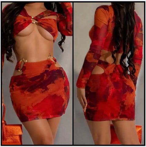 Women Sexy Red Printed Cut Out Full Sleeve Crop Two Piece Skirt Set