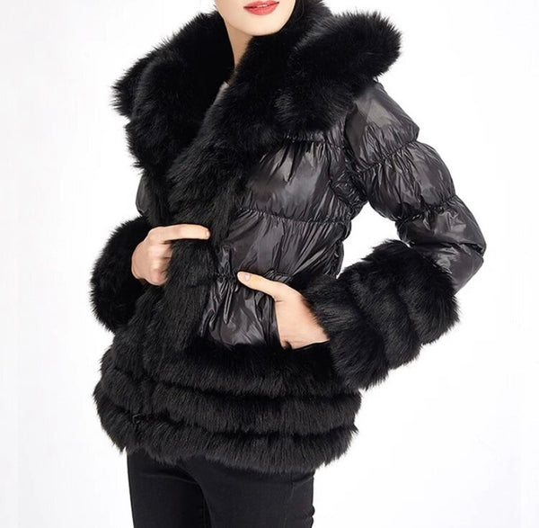 Women Fashion Hooded Faux Fur Patchwork Belted Jacket