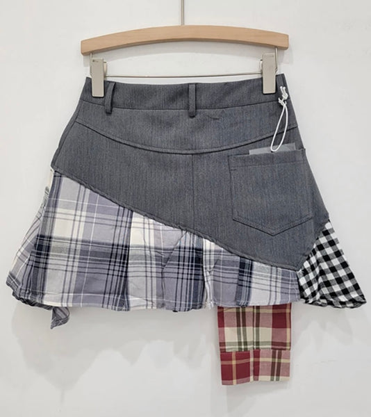 Women Fashion Color Plaid Patchwork Skirt