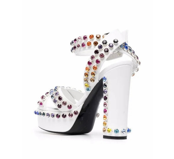 Women Fashion Faux Leather Color Rhinestone Platform Sandals