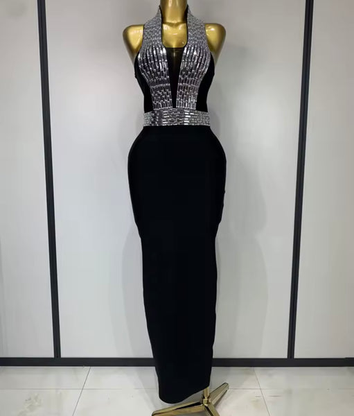 Women Black Bling Halter Sexy Sleeveless Maxi Dress
