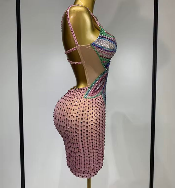 Women Sexy Sleeveless Open Back Color Rhinestone Dress