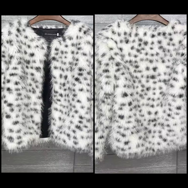 Women Fashion B&W Polka Dot Faux Fur Jacket