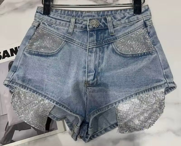 Women Fashion Blue Bling Pocket Denim Shorts