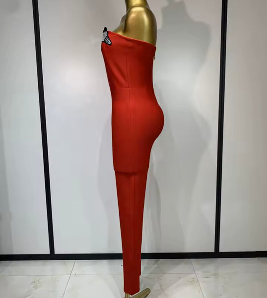 Women Red Printed Strapless Fashion Jumpsuit