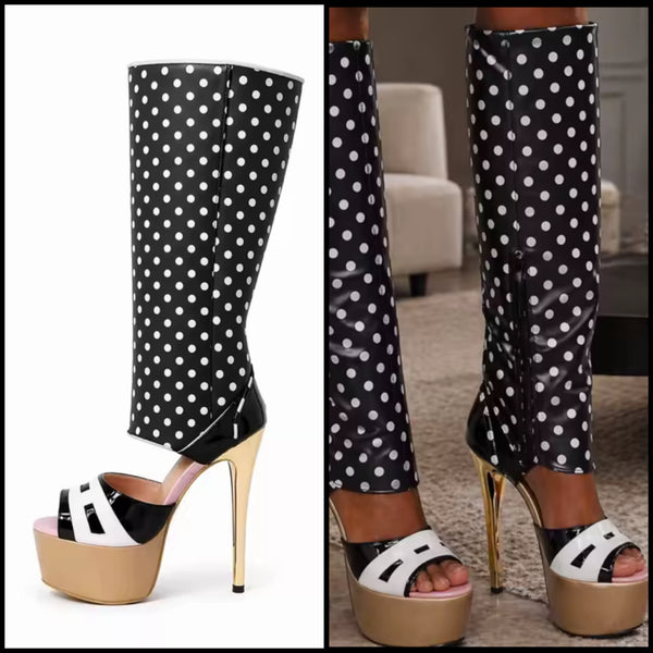 Women Fashion Open Toe B&W Polka Dot Platform High Heel Boots