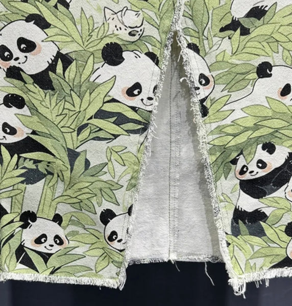 Women Fashion Panda Print Denim Long Skirt