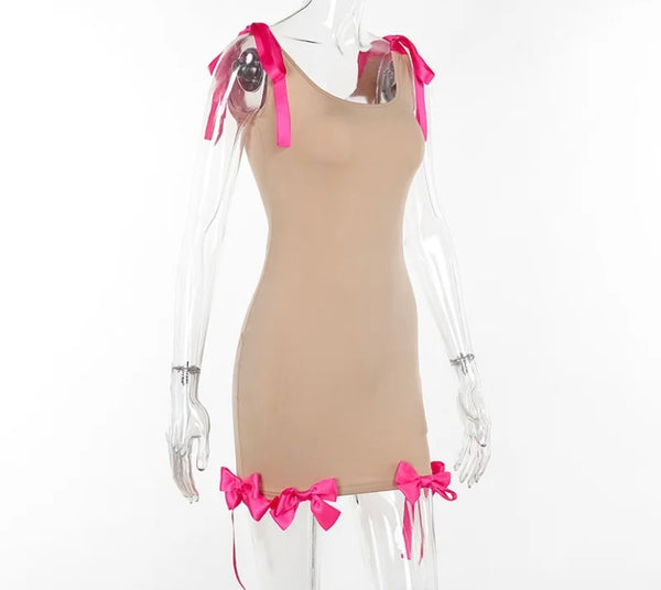 Women Sexy Sleeveless Khaki Pink Bow Dress