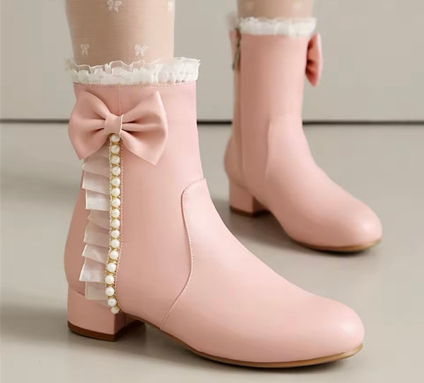 Women Fashion Pearl Color Patchwork Ruffled Bow Flat Ankle Boots