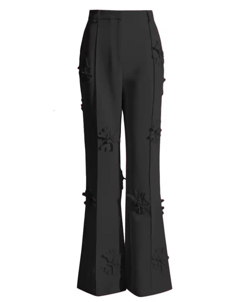 Women Fashion Solid Color 3D Floral Patchwork Pants