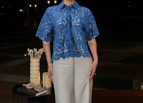 Women Sexy Fashion Blue Lace Short Sleeve Button Up Top