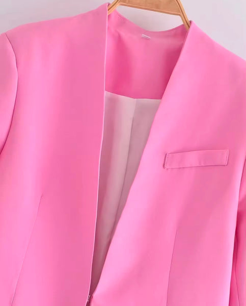 Women Fashion Pink Full Sleeve Blazer Two Piece Pant Set