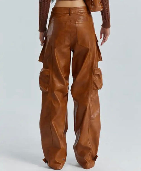 Women Fashion Faux Leather Cargo Pants