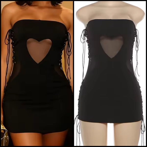 Women Sexy Black Strapless Heart Mesh Tie Up Dress