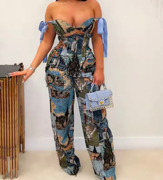 Women Printed Lace Up Strapless Two Piece Fashion Pant Set