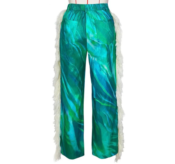 Women Fashion Printed Tassel Wide Leg Pants