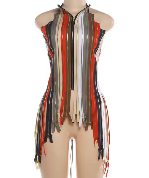 Women Fashion Multicolored Zipper Sleeveless Open Back Top