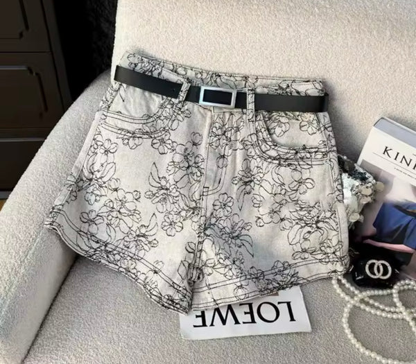 Women Fashion Gray Embroidered Floral Denim Shorts