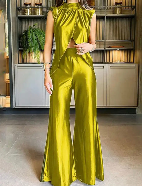 Women Sexy Solid Color Satin Sleeveless Two Piece Pant Set