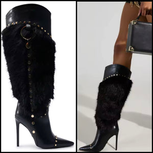 Women Black Fur Patchwork Rivet High Heel Knee High Boots