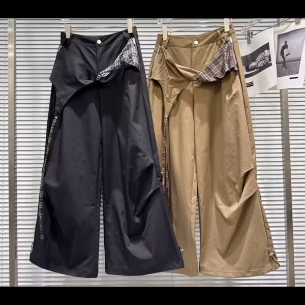 Women Fashion Plaid Belted Wide Leg Pants