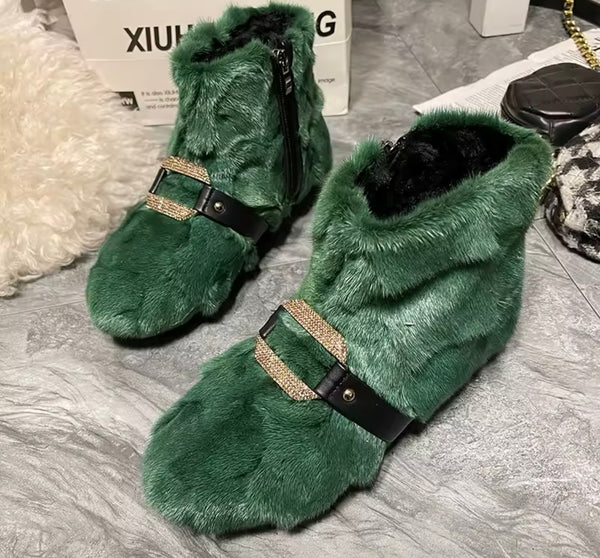 Women Fashion Bling Buckled Faux Fur Ankle Boots