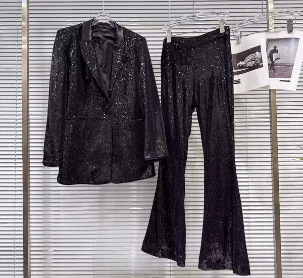Women Black Sequins Blazer Two Piece Pant Set
