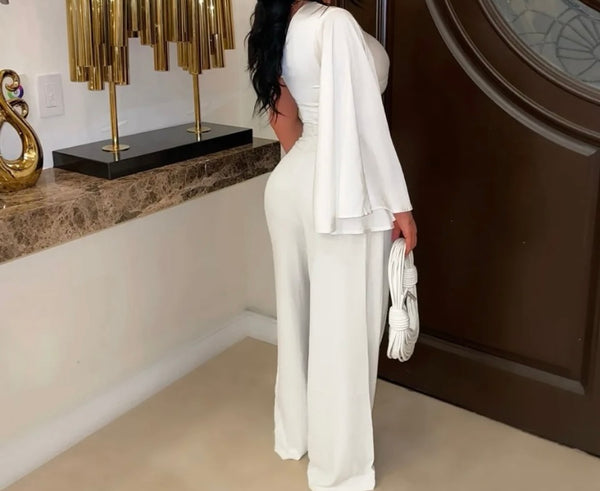 Women One Shoulder Full Sleeve Crop Two Piece Wide Leg Pant Set