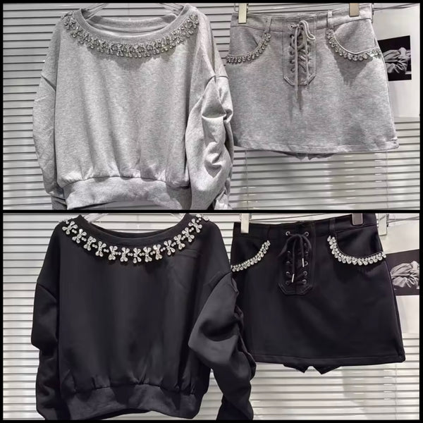 Women Fashion Rhinestone Sweater Two Piece Skirt Set