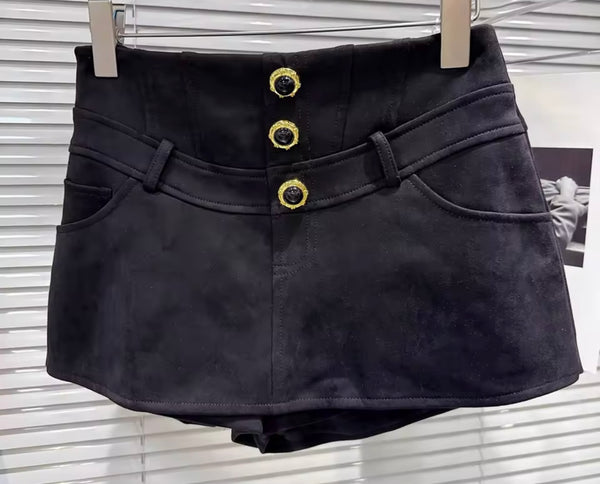 Women Ruffled Button Up Full Sleeve Two Piece Suede Short Set