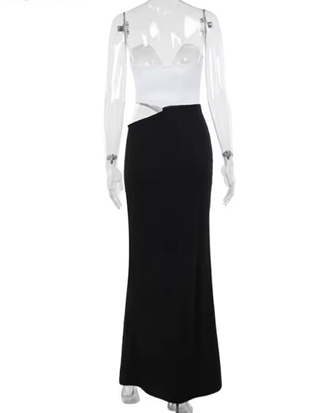 Women Sexy B&W Strapless Cut Out Maxi Dress