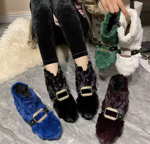 Women Fashion Bling Buckled Faux Fur Ankle Boots