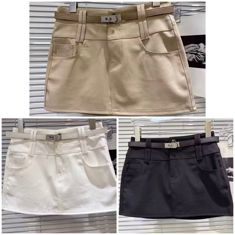 Women Color Fashion Rhinestone Belted Skirt