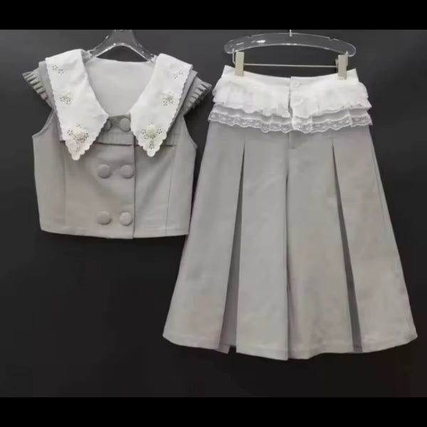 Women Button Up Sleeveless Two Piece Pleated Skirt Set