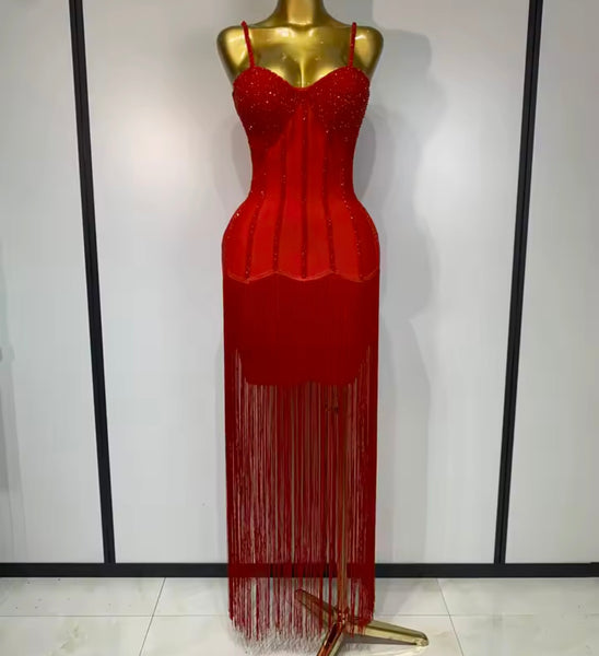 Women Rhinestone Sleeveless Fringe Tassel Sexy Maxi Dress