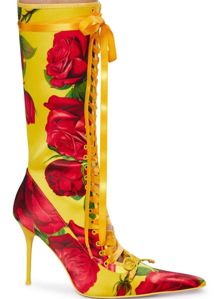 Women Fashion Pointed Toe Yellow Floral Lace Up High Heel Boots