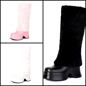 Women Color Fashion Furry Faux Leather Platform Knee High Boots