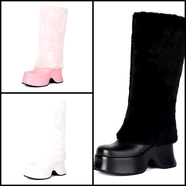 Women Color Fashion Furry Faux Leather Platform Knee High Boots