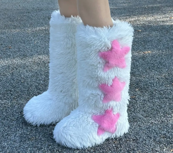 Women Fluffy Fashion Star Print Faux Fur Boots