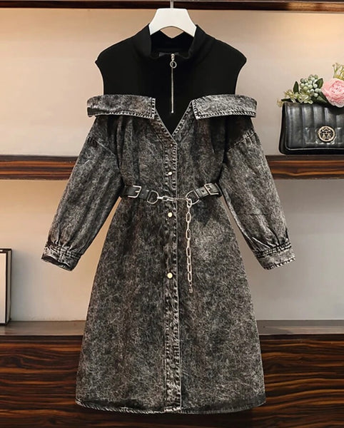 Women Fashion Full Sleeve Button Up Chain Belted Denim Dress