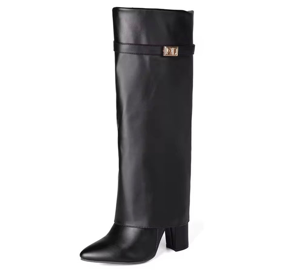 Women Pointed Toe Buckled Fashion Faux Leather Knee High Boots