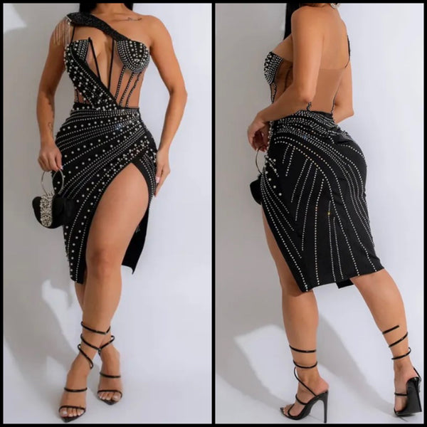 Women Sexy One Shoulder Sleeveless Pearl Beaded Dress