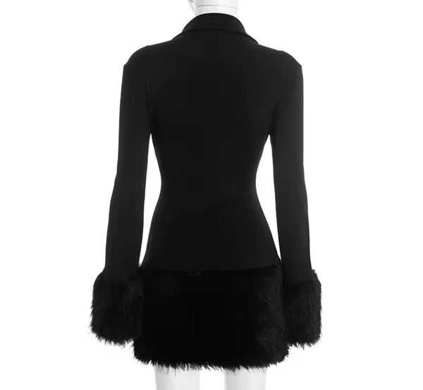 Women Black Sexy Fur Patchwork Blazer Dress