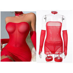 Women Sexy Red Strapless Choker Mesh Lingerie Set