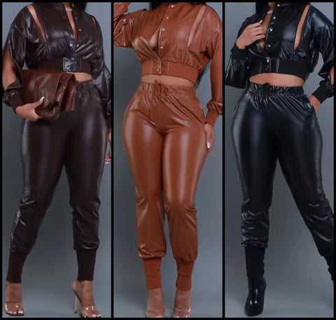 Women Fashion Faux Leather Spliced Jacket Two Piece Pant Set